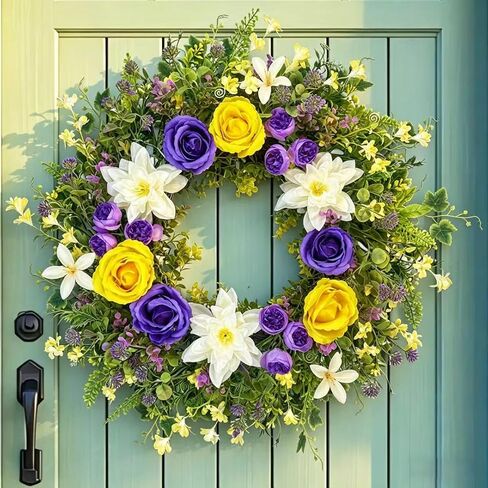 24 Inch Spring Summer Wreath for Front Door – with Yellow Roses, Chrysanthemums, Silk Flowers & Greenery – All-Season Indoor Outdoor Porch, Wedding Backdrop, Farmhouse Wall, Living Room Decor in Saudi Arabia