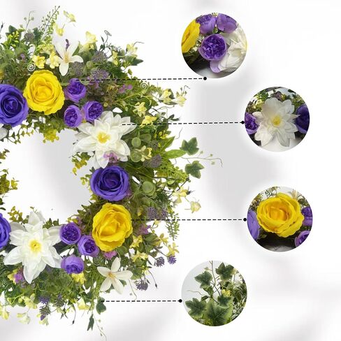 24 Inch Spring Summer Wreath for Front Door – with Yellow Roses, Chrysanthemums, Silk Flowers & Greenery – All-Season Indoor Outdoor Porch, Wedding Backdrop, Farmhouse Wall, Living Room Decor in Saudi Arabia