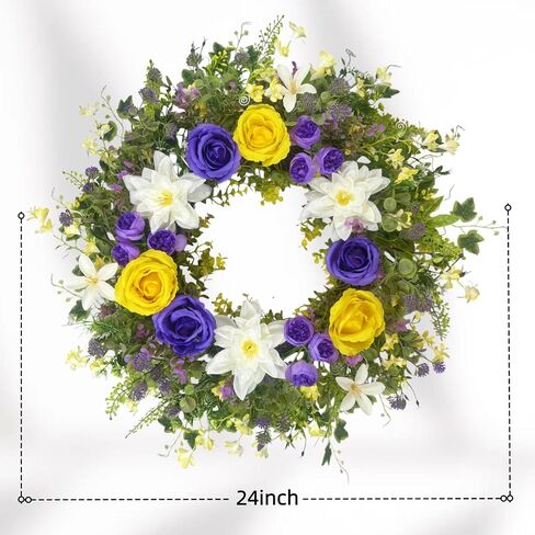 24 Inch Spring Summer Wreath for Front Door – with Yellow Roses, Chrysanthemums, Silk Flowers & Greenery – All-Season Indoor Outdoor Porch, Wedding Backdrop, Farmhouse Wall, Living Room Decor in Saudi Arabia