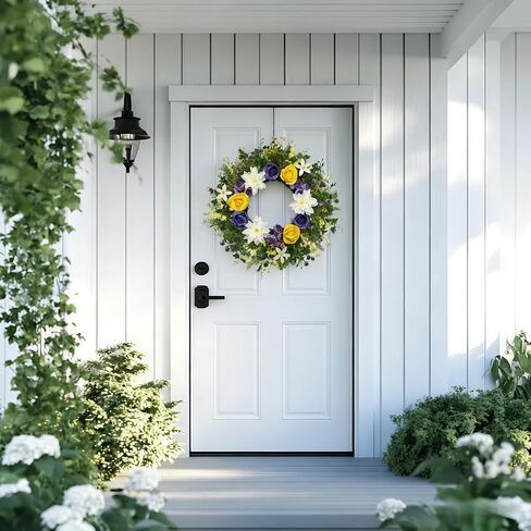 24 Inch Spring Summer Wreath for Front Door – with Yellow Roses, Chrysanthemums, Silk Flowers & Greenery – All-Season Indoor Outdoor Porch, Wedding Backdrop, Farmhouse Wall, Living Room Decor in Saudi Arabia