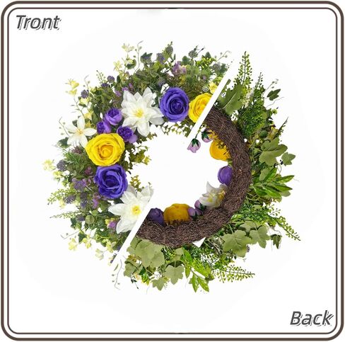 24 Inch Spring Summer Wreath for Front Door – with Yellow Roses, Chrysanthemums, Silk Flowers & Greenery – All-Season Indoor Outdoor Porch, Wedding Backdrop, Farmhouse Wall, Living Room Decor in Saudi Arabia