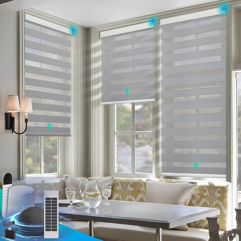 DENFOON Motorized Zebra Blinds, Solar Powered Dual Layer Automatic Shades with Remote Control, Rechargeable Smart Blinds Horizontal Wireless Electric Shades for Windows. White， 35 x 72 in Saudi Arabia