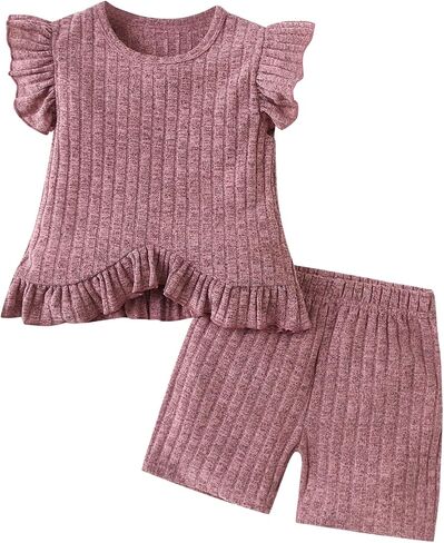 Toddler Girl Clothes Ruffle Ribbed Knit Short Sleeves Tops and Shorts Cute Summer 2 Pieces Short Sets in Saudi Arabia