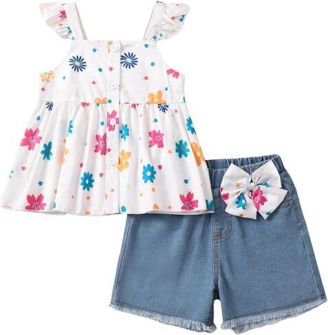 Girls' 2-Piece Floral Set – Ruffle Strap Floral Print Top & Denim Shorts with Bow for 4-7Y Little Girls Casual & Playwear in Kuwait