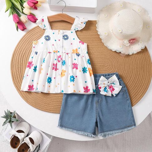Girls' 2-Piece Floral Set – Ruffle Strap Floral Print Top & Denim Shorts with Bow for 4-7Y Little Girls Casual & Playwear in Kuwait