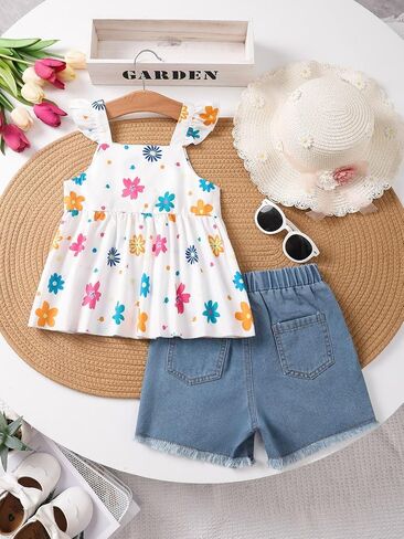 Girls' 2-Piece Floral Set – Ruffle Strap Floral Print Top & Denim Shorts with Bow for 4-7Y Little Girls Casual & Playwear in Kuwait