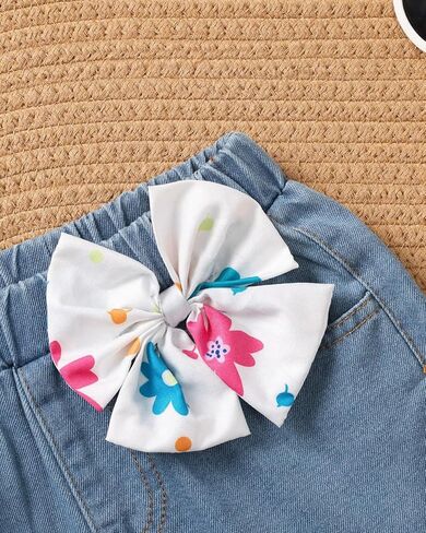Girls' 2-Piece Floral Set – Ruffle Strap Floral Print Top & Denim Shorts with Bow for 4-7Y Little Girls Casual & Playwear in Kuwait
