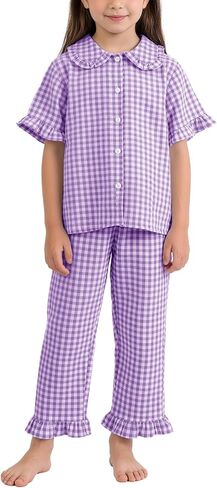 Flygo Girls 2 Piece Gingham Clothing Set Cotton Short Sleeve Button Down Ruffle Tops Cute Plaid Wide Leg Pants Outfits Sets in Kuwait