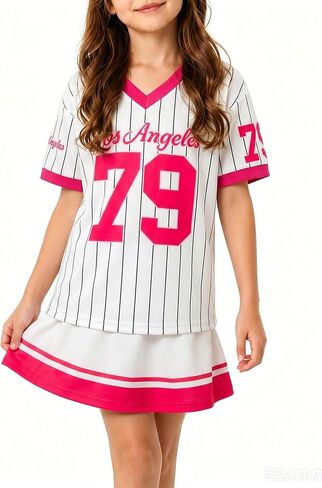 LUKYCILD Girl's 2 Piece Skirt Sets Striped V Neck Shirts and Pleated Skirts Cute Jersey Outfits for Girls 5-14 Years in Kuwait