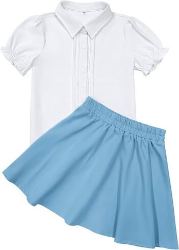Girls 2 Piece Skirt Set White Blouse Ruffle Short Sleeve Button Down Shirt with Skirt Set School Uniform Outfit 4-13Y in Saudi Arabia