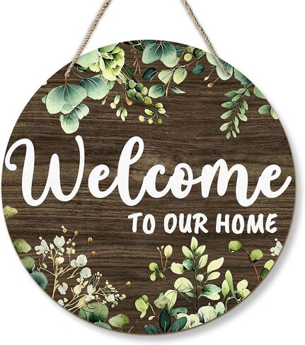 PHAMTE Welcome to Our Home Round Wreath Sign, Cottagecore Botanical Farmhouse Wall Hanging Plaque Wood Sign, Welcome Home Decor Decorations for Wall Pediments Door Porch Room 12 Inch in Kuwait