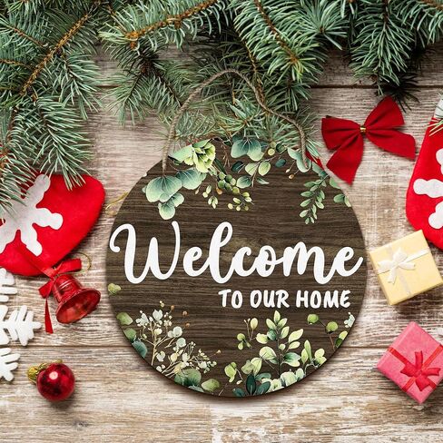 PHAMTE Welcome to Our Home Round Wreath Sign, Cottagecore Botanical Farmhouse Wall Hanging Plaque Wood Sign, Welcome Home Decor Decorations for Wall Pediments Door Porch Room 12 Inch in Kuwait