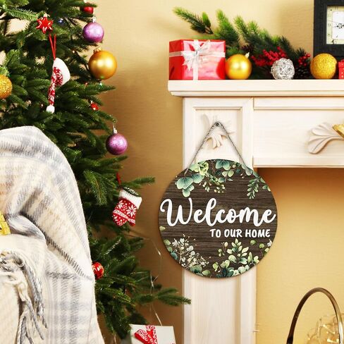 PHAMTE Welcome to Our Home Round Wreath Sign, Cottagecore Botanical Farmhouse Wall Hanging Plaque Wood Sign, Welcome Home Decor Decorations for Wall Pediments Door Porch Room 12 Inch in Kuwait