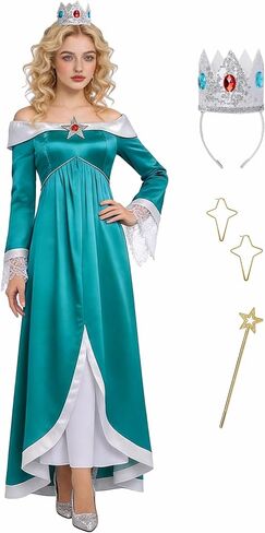 Women Rosalina Costume Princess Dress Off Shoulder Dress Gown with Crown Earrings Wand for Adults in Saudi Arabia