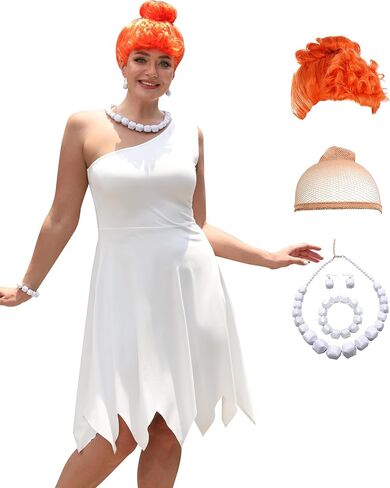 ALIREVERIE Halloween Wlima Fliintstone Plus Size Costume for Women White Cosplay Dress with Earrings 3XL in Kuwait