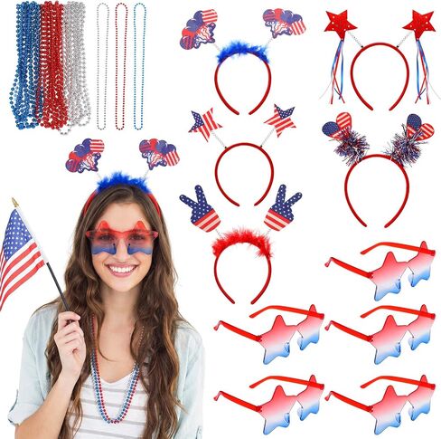 JATEBI 25PCS Memorial Day Accessories - Red White and Blue Headband American Flag Hairband Star Sunglasses, 4th of July Necklace, Veterans Day Patriotic Bulk for Parade Party Favors Decorations in Kuwait