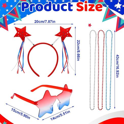 JATEBI 25PCS Memorial Day Accessories - Red White and Blue Headband American Flag Hairband Star Sunglasses, 4th of July Necklace, Veterans Day Patriotic Bulk for Parade Party Favors Decorations in Kuwait