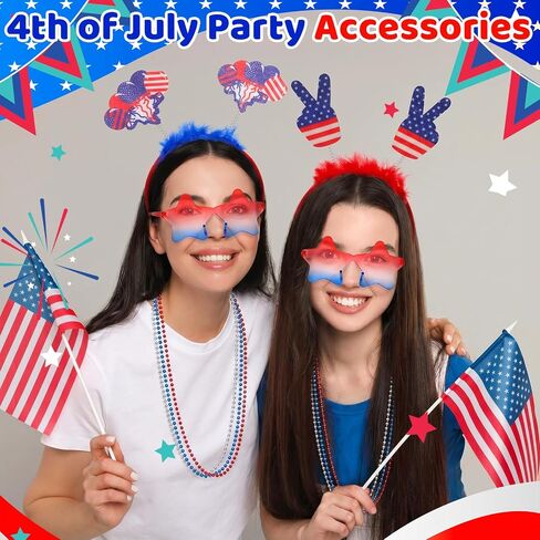 JATEBI 25PCS Memorial Day Accessories - Red White and Blue Headband American Flag Hairband Star Sunglasses, 4th of July Necklace, Veterans Day Patriotic Bulk for Parade Party Favors Decorations in Kuwait