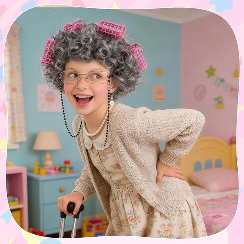 MEEZY Light Gray Curly Wig Old Lady Costume Set, Grandma Wig Granny Glasses Eyeglasses Chain Necklace Bracelet Earring Old Women Fun Costume Accessories for Halloween Cosplay in Saudi Arabia
