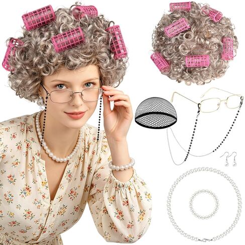 MEEZY Light Gray Curly Wig Old Lady Costume Set, Grandma Wig Granny Glasses Eyeglasses Chain Necklace Bracelet Earring Old Women Fun Costume Accessories for Halloween Cosplay in Saudi Arabia