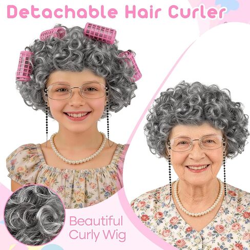 MEEZY Light Gray Curly Wig Old Lady Costume Set, Grandma Wig Granny Glasses Eyeglasses Chain Necklace Bracelet Earring Old Women Fun Costume Accessories for Halloween Cosplay in Saudi Arabia