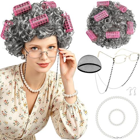 MEEZY Light Gray Curly Wig Old Lady Costume Set, Grandma Wig Granny Glasses Eyeglasses Chain Necklace Bracelet Earring Old Women Fun Costume Accessories for Halloween Cosplay in Saudi Arabia