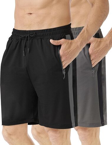 Zhuqing Men's Mesh Athletic Shorts with Zipper Pockets 7" Quick Dry 2 Pack Workout Shorts for Men Lightweight Basketball in Kuwait