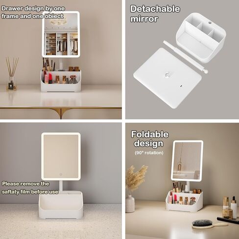 Rechargeable Makeup Mirror Organizer with LED Lights & 20X Magnification, Large Capacity Cosmetic Display Case for Skincare & Makeup Brushes, Countertop Vanity Organizer for Bedroom, Bathroom (Cream) in Saudi Arabia