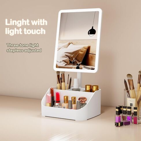 Rechargeable Makeup Mirror Organizer with LED Lights & 20X Magnification, Large Capacity Cosmetic Display Case for Skincare & Makeup Brushes, Countertop Vanity Organizer for Bedroom, Bathroom (Cream) in Saudi Arabia