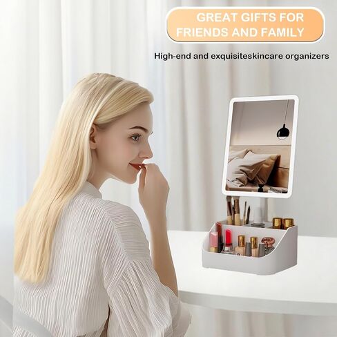 Rechargeable Makeup Mirror Organizer with LED Lights & 20X Magnification, Large Capacity Cosmetic Display Case for Skincare & Makeup Brushes, Countertop Vanity Organizer for Bedroom, Bathroom (Cream) in Saudi Arabia
