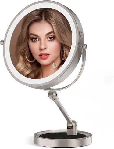 Rocollos Tabletop Makeup Mirror with Built-in Vanity Tray, 9" Rechargeable 4000mAh Lighted Vanity Mirror 1X/10X Magnification, Height-Adjustable Arm, 3 Color Dimmable (9Inch Chrome) in Saudi Arabia