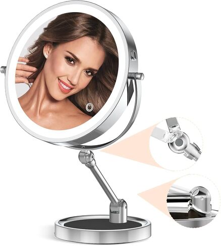 Rocollos Tabletop Makeup Mirror with Built-in Vanity Tray, 9" Rechargeable 4000mAh Lighted Vanity Mirror 1X/10X Magnification, Height-Adjustable Arm, 3 Color Dimmable (9Inch Chrome) in Saudi Arabia