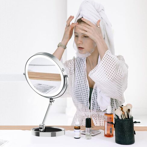 Rocollos Tabletop Makeup Mirror with Built-in Vanity Tray, 9" Rechargeable 4000mAh Lighted Vanity Mirror 1X/10X Magnification, Height-Adjustable Arm, 3 Color Dimmable (9Inch Chrome) in Saudi Arabia