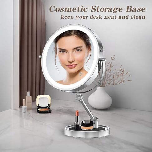 Rocollos Tabletop Makeup Mirror with Built-in Vanity Tray, 9" Rechargeable 4000mAh Lighted Vanity Mirror 1X/10X Magnification, Height-Adjustable Arm, 3 Color Dimmable (9Inch Chrome) in Saudi Arabia