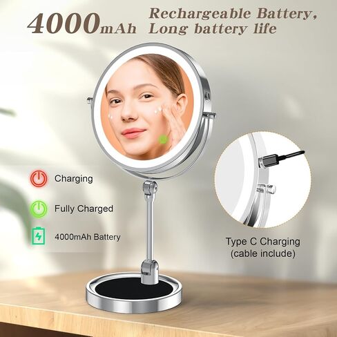 Rocollos Tabletop Makeup Mirror with Built-in Vanity Tray, 9" Rechargeable 4000mAh Lighted Vanity Mirror 1X/10X Magnification, Height-Adjustable Arm, 3 Color Dimmable (9Inch Chrome) in Saudi Arabia