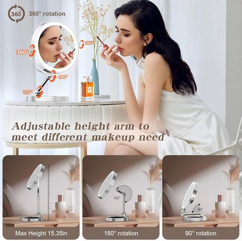 Rocollos Tabletop Makeup Mirror with Built-in Vanity Tray, 9" Rechargeable 4000mAh Lighted Vanity Mirror 1X/10X Magnification, Height-Adjustable Arm, 3 Color Dimmable (9Inch Chrome) in Saudi Arabia