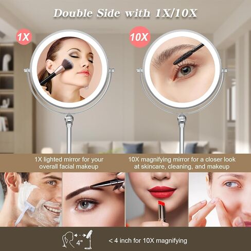 Rocollos Tabletop Makeup Mirror with Built-in Vanity Tray, 9" Rechargeable 4000mAh Lighted Vanity Mirror 1X/10X Magnification, Height-Adjustable Arm, 3 Color Dimmable (9Inch Chrome) in Saudi Arabia