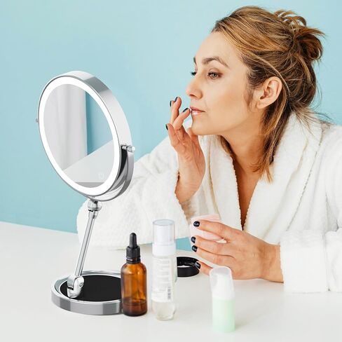 Rocollos Tabletop Makeup Mirror with Built-in Vanity Tray, 9" Rechargeable 4000mAh Lighted Vanity Mirror 1X/10X Magnification, Height-Adjustable Arm, 3 Color Dimmable (9Inch Chrome) in Saudi Arabia