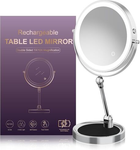 Rocollos Tabletop Makeup Mirror with Built-in Vanity Tray, 9" Rechargeable 4000mAh Lighted Vanity Mirror 1X/10X Magnification, Height-Adjustable Arm, 3 Color Dimmable (9Inch Chrome) in Saudi Arabia