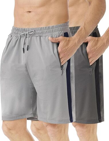 Zhuqing Men's Mesh Athletic Shorts with Zipper Pockets 7" Quick Dry 2 Pack Workout Shorts for Men Lightweight Basketball in Kuwait