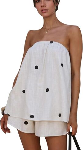 calbatic Polka Dot 2 Piece Shorts Set Summer Lounge Sets Strapless Top and Shorts Matching Airport Travel Vacation Outfits in Saudi Arabia