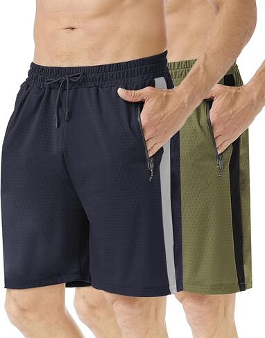 Zhuqing Men's Mesh Athletic Shorts with Zipper Pockets 7" Quick Dry 2 Pack Workout Shorts for Men Lightweight Basketball in Kuwait