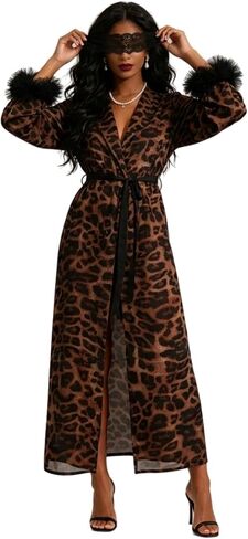 Verdancy Women’s Long Robe Leopard Cheetah Print Kimono Sheer Bathrobe Loungewear Sleepwear Beach Cover Up with Lace Eye Mask in Kuwait
