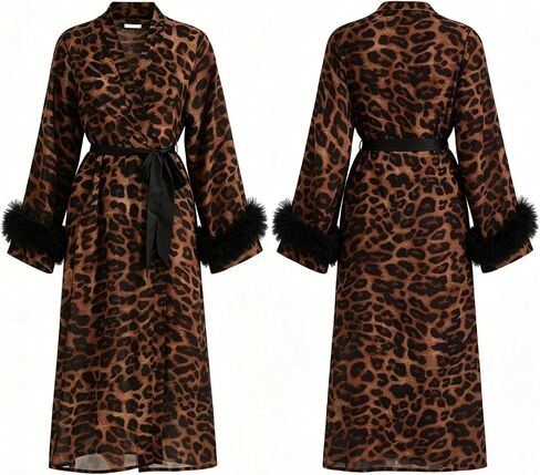 Verdancy Women’s Long Robe Leopard Cheetah Print Kimono Sheer Bathrobe Loungewear Sleepwear Beach Cover Up with Lace Eye Mask in Kuwait