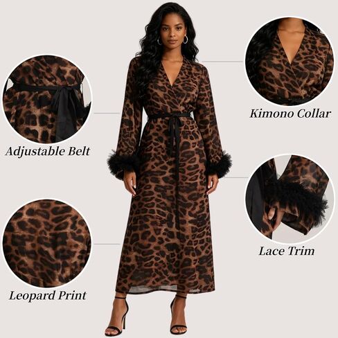 Verdancy Women’s Long Robe Leopard Cheetah Print Kimono Sheer Bathrobe Loungewear Sleepwear Beach Cover Up with Lace Eye Mask in Kuwait