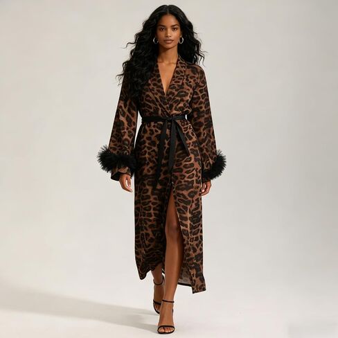 Verdancy Women’s Long Robe Leopard Cheetah Print Kimono Sheer Bathrobe Loungewear Sleepwear Beach Cover Up with Lace Eye Mask in Kuwait