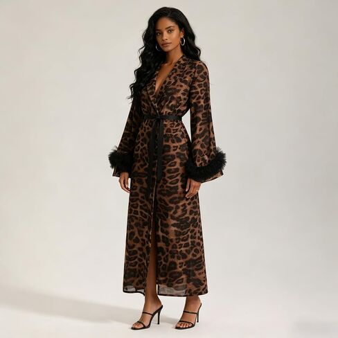 Verdancy Women’s Long Robe Leopard Cheetah Print Kimono Sheer Bathrobe Loungewear Sleepwear Beach Cover Up with Lace Eye Mask in Kuwait