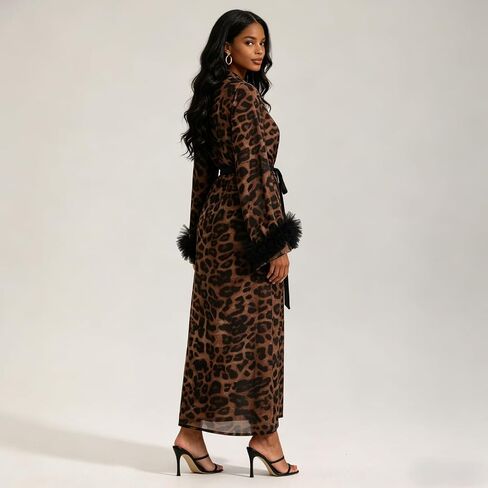 Verdancy Women’s Long Robe Leopard Cheetah Print Kimono Sheer Bathrobe Loungewear Sleepwear Beach Cover Up with Lace Eye Mask in Kuwait