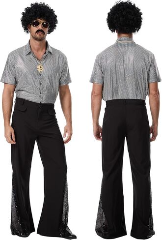 7 Pcs Mens 70's Disco Outfit Retro 70s Mens Costume for Adults 80s Bell Bottom Pants Short Sleeve Shirt in Saudi Arabia
