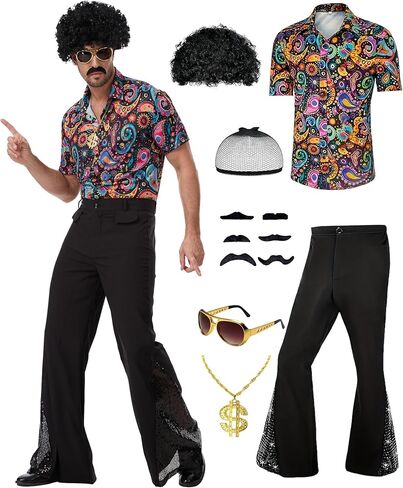 7 Pcs Mens 70's Disco Outfit Retro 70s Mens Costume for Adults 80s Bell Bottom Pants Short Sleeve Shirt in Saudi Arabia